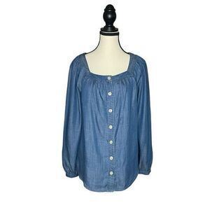 Talbots Denim Chambray Blouse Womens S Button Front Long Sleeve Cottagecore Boho